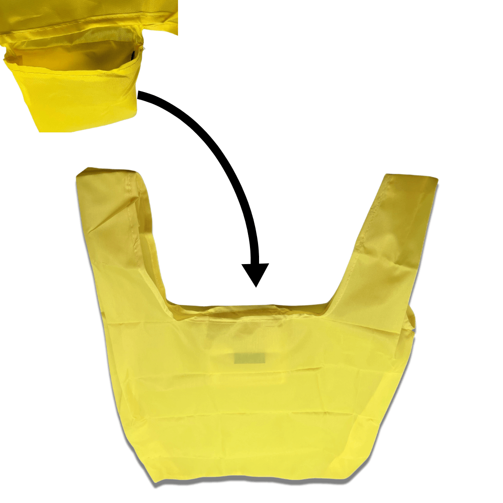 Yellow reusable bag with a black arrow pointing showing close up of internal pocket