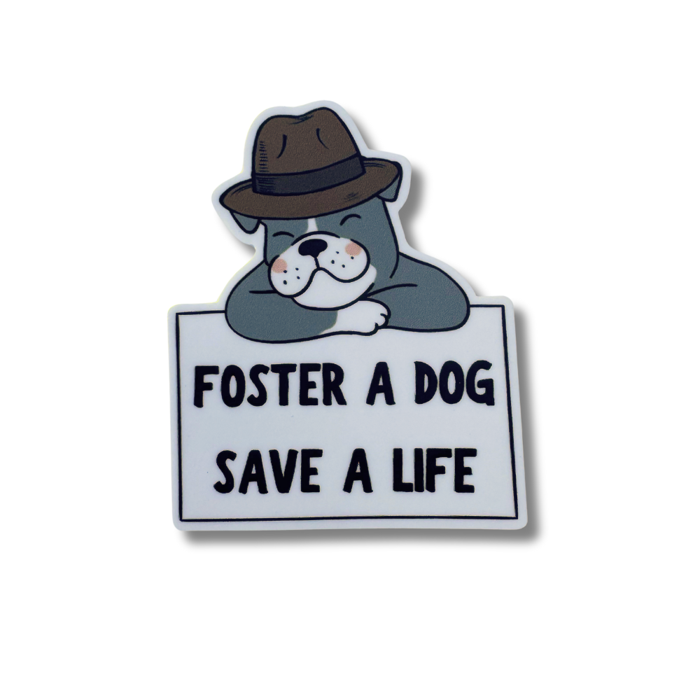 rescue/ foster dog sticker: Gray pit pull wearing brown hat & holding a white sign: Foster a dog, save a life