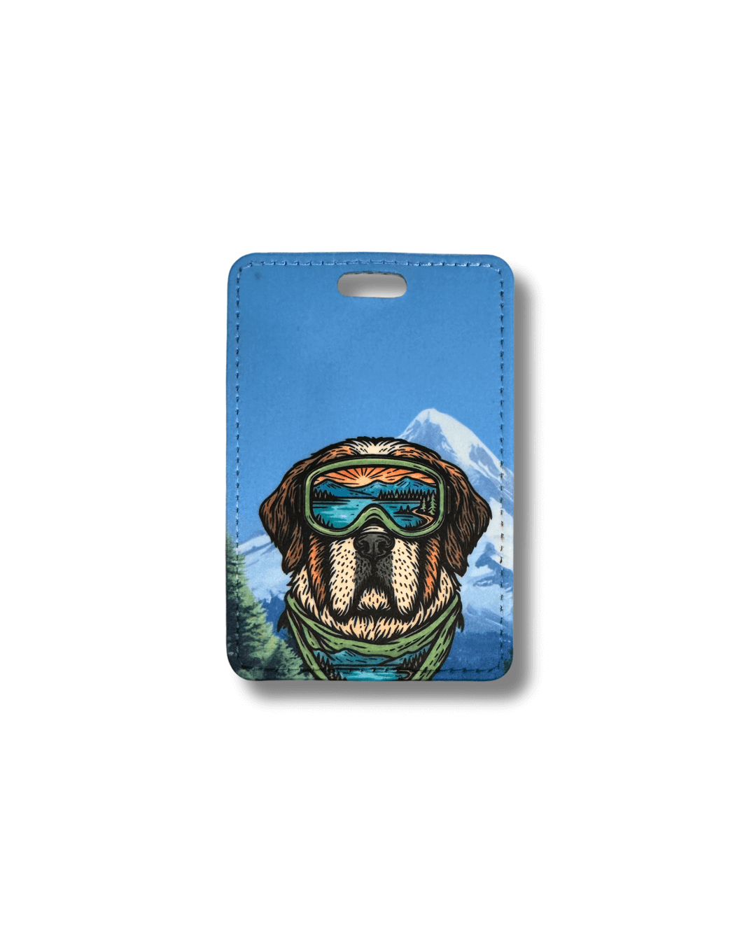 St. Bernard luggage tag with a dog wearing goggles and a mountain background