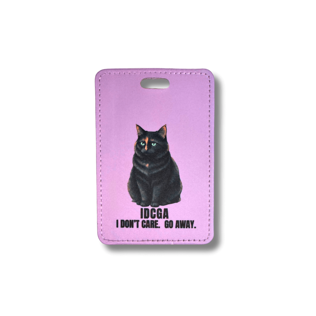 Purple luggage tag with a tortoiseshell cat illustration and black text.