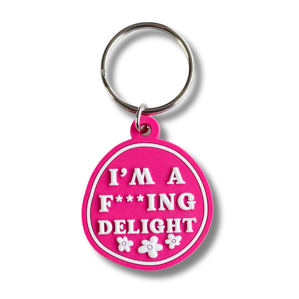 hot pink sarcastic charm for dog collar "I'm a f***ing delight"