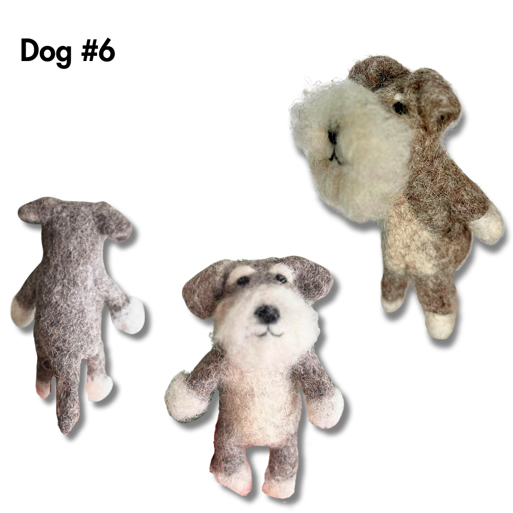 Wool felt schnauzer dog finger puppet shown from back, front and side side angles.