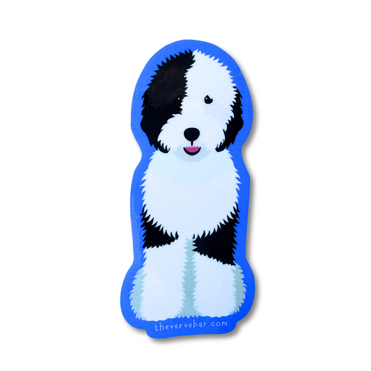 Sheepadoodle dog sticker. Black and white dog with bright blue border around the outside.