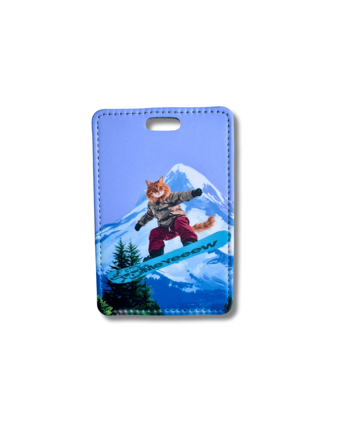 snowboard cat luggage tag; orange cat snowboarding in gear with mountain background on blue travel tag