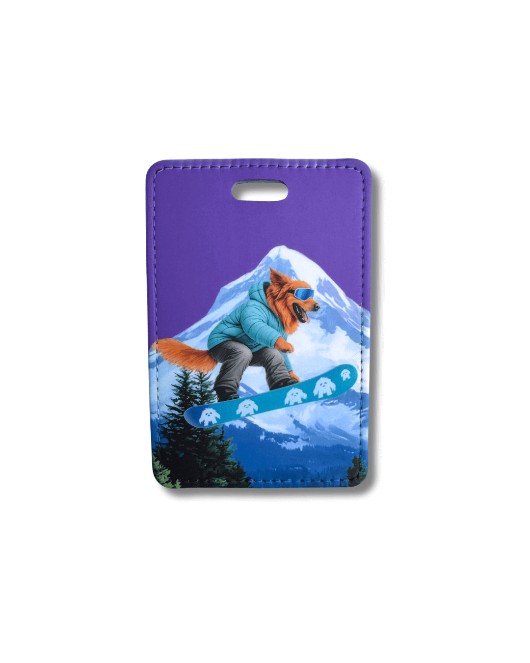 snowboard golden retriever luggage tag; golden retriever snowboarding in teal jacket and goggles with snowy mountain background on purple faux leather tag