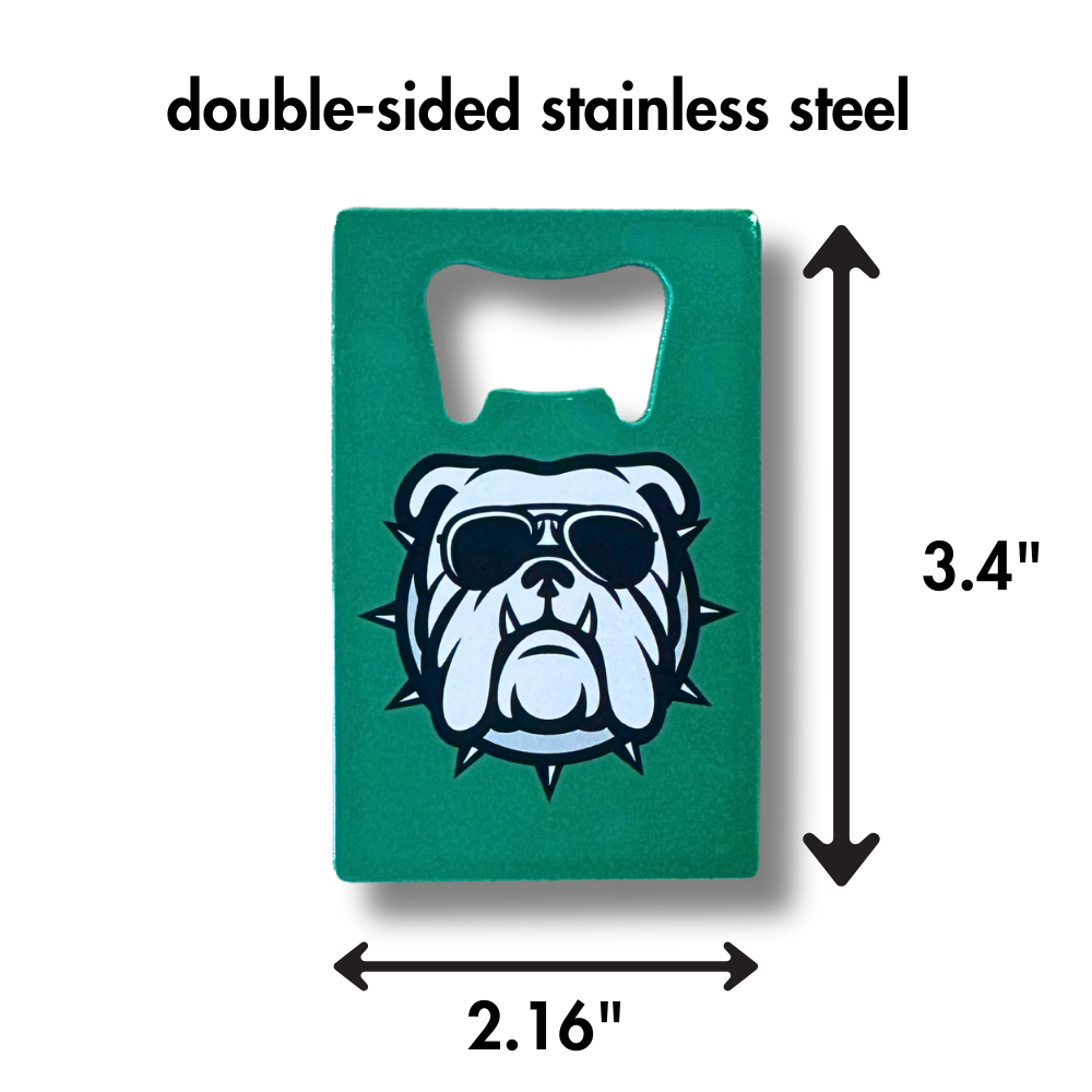 green compact credit card bottle opener featuring tough bulldog dog with spiked collar. Image shows measurements.