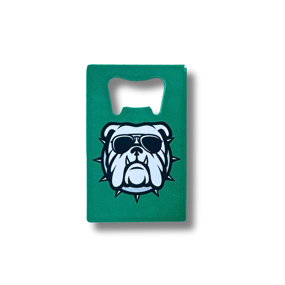 Green wallet bottle opener featuring a bulldog with spiked collar wearing sunglasses.