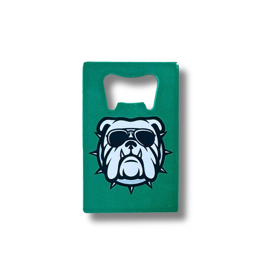 Green wallet bottle opener featuring a bulldog with spiked collar wearing sunglasses.