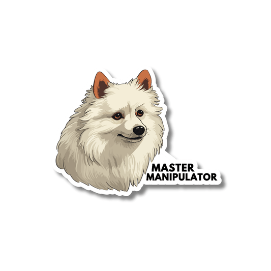 Funny Spitz dog sticker with a dog illustration and 'Master Manipulator' text on a white background