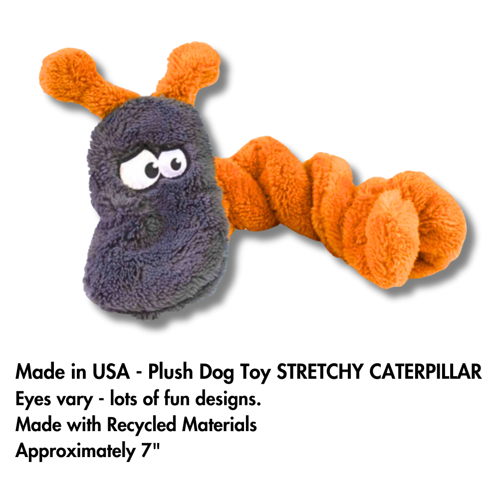 Orange plush caterpillar dog toy with gray head. Fuzzy and stretchy.