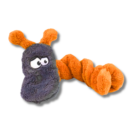 springy orange caterpillar dog toy with gray head, funny eyes, and antennae