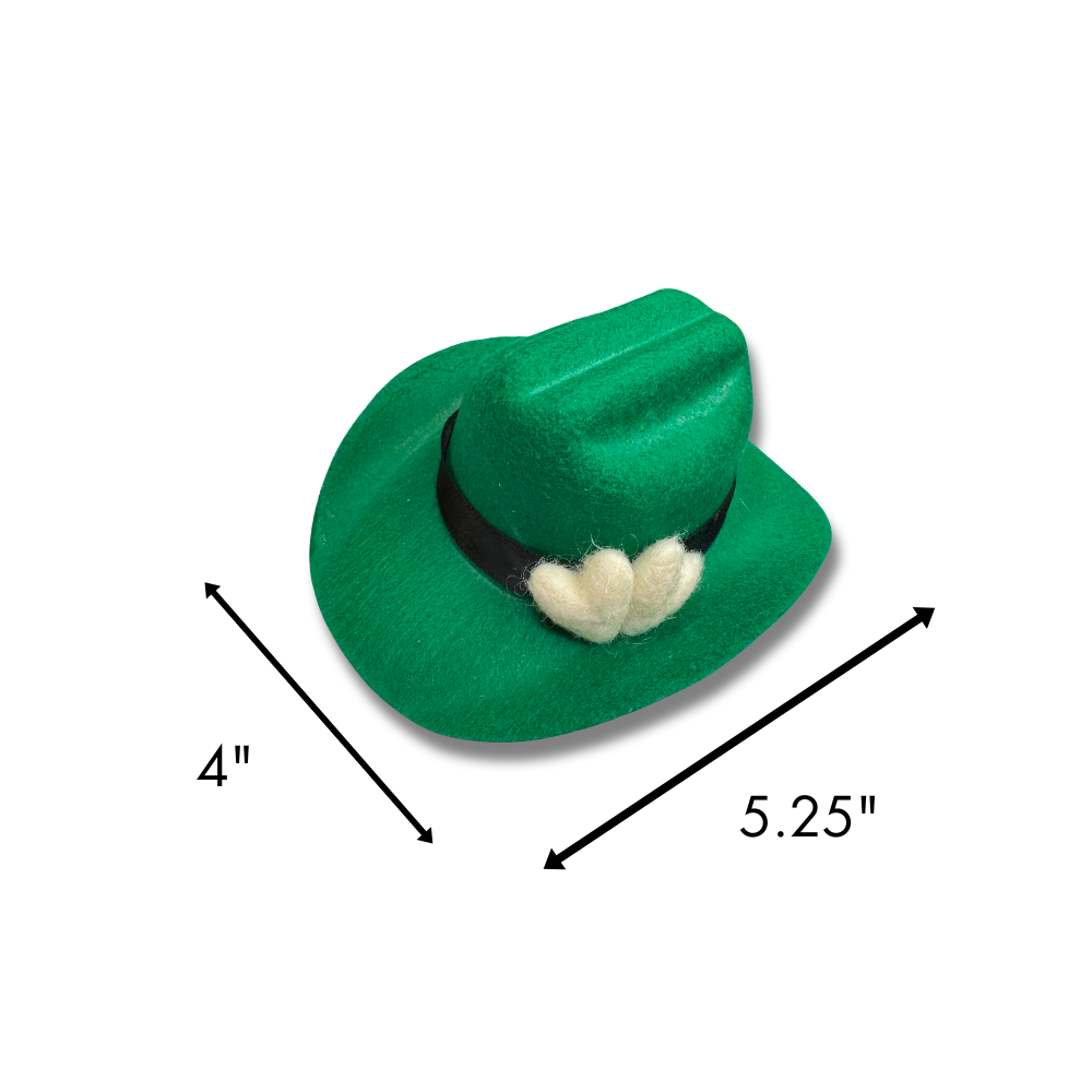 outer measurements of St. Paddy's Day hat for dogs. Green tiny cowboy hat with two white wool felt hearts as decoration.