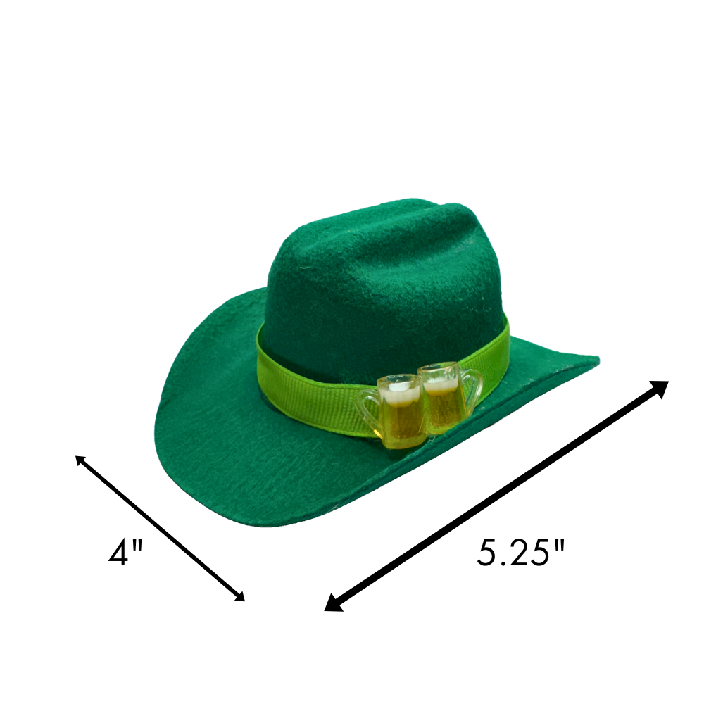 Width x  Length measurements of our dog St. Patrick's Day hat. Green tiny cowboy hat with two tiny beer mugs as decoration.e. Hat has a bright green ribbon trim.