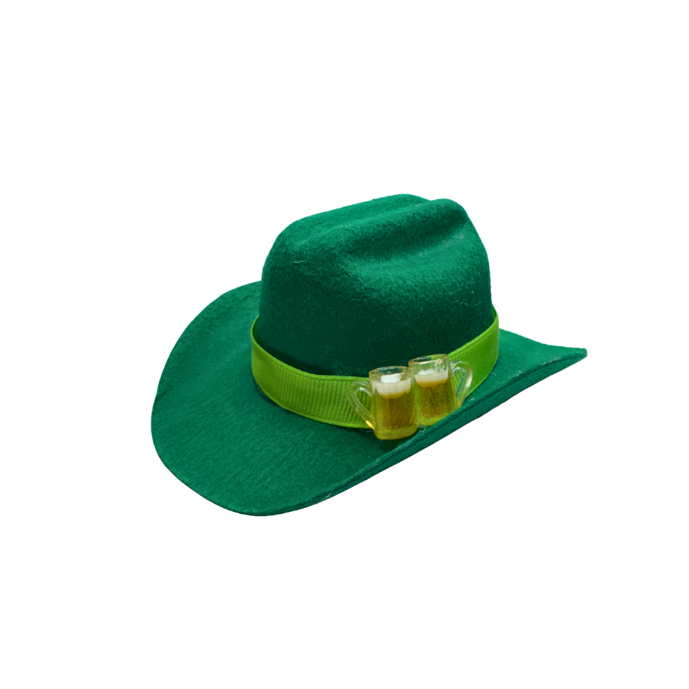 St. Patty's Day hat for dogs. Green mini cowboy hat with a bright green accent ribbon and two mini mugs of been as decorations on the front-side.