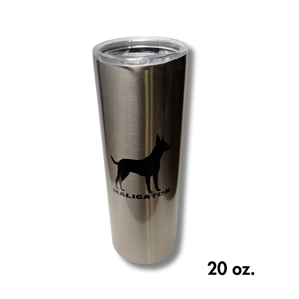 20oz insulated tumbler with Malinois Maligator design, rubber bottom, and spill-proof lid.