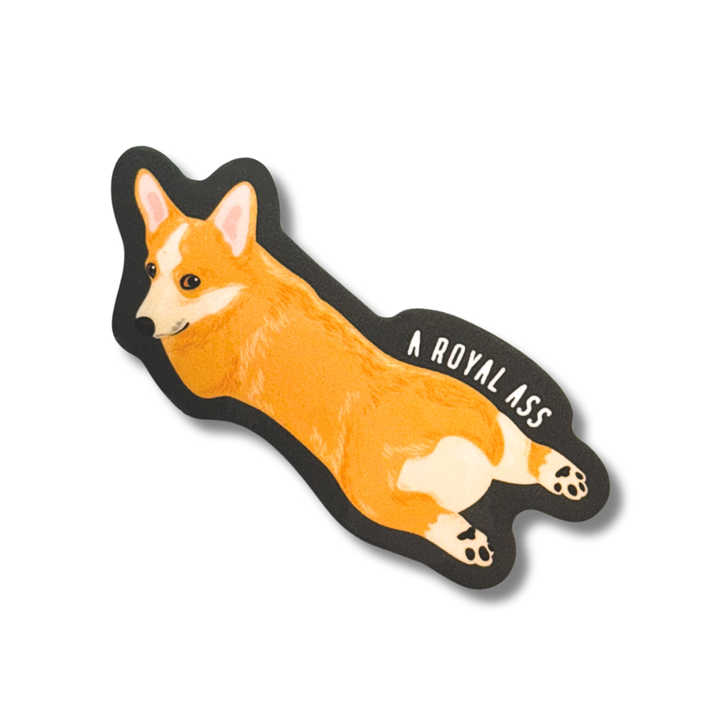 fun corgi sticker: dog  lying down and caption: a royal ass