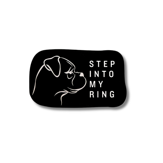 Minimalist black boxer dog sticker. Line art of dog head "step into my ring"