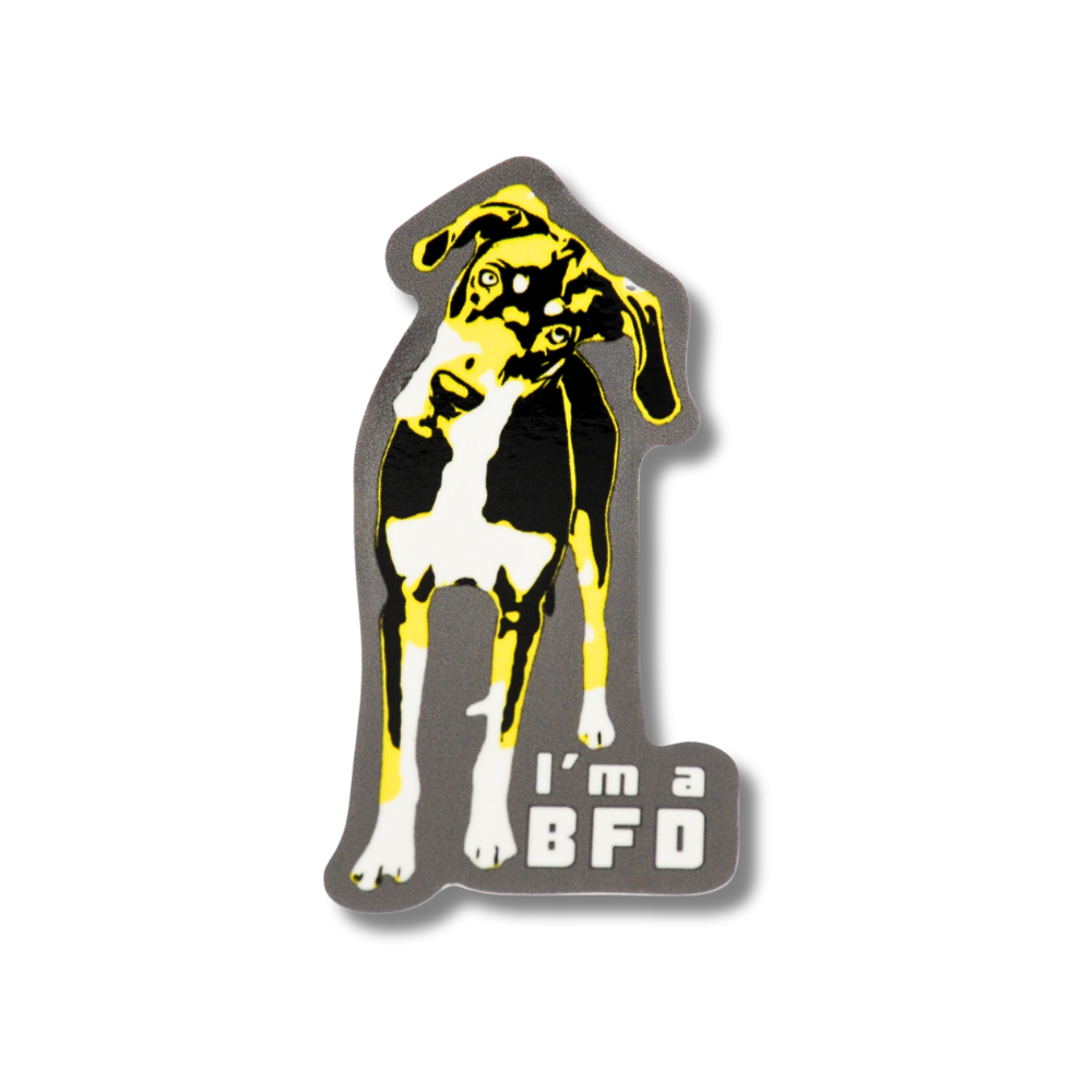 modern yellow, black, and gray cartoon great dane sticker with caption "I'm a BFD"