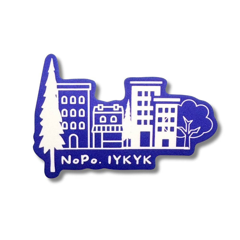 Fun cartoon art of NoPo North Portland sticker. Purple and white.