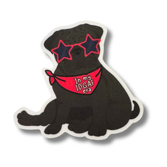 IDGAF hot pink red bandana on a sassy black pug sticker. Pug has red star glasses on.