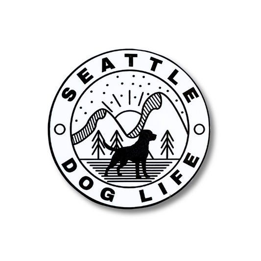 minimalist black and white sticker with line art mountain, sun, and trees with silhouette  of dog in foreground: Seattle Dog Life