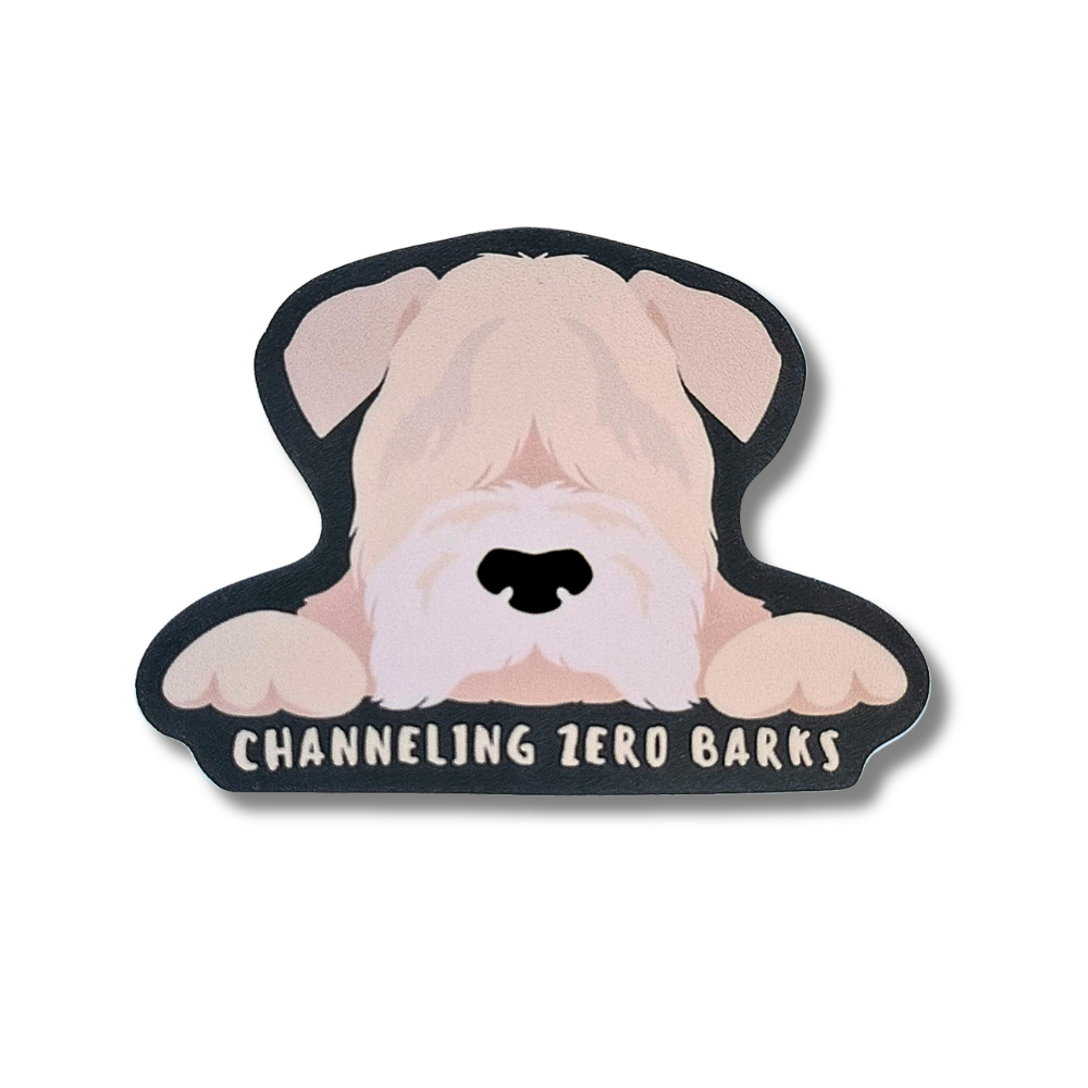 cute wheaten terrier sticker. Cartoon dog "channeling zero barks"