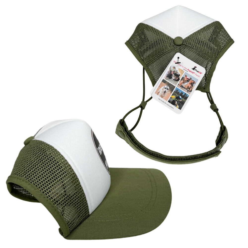 Olive green pup hat for dogs. Side view and back view.