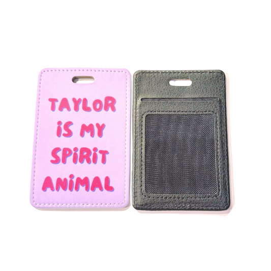 Front and back view of Taylor fan gift - luggage tag. Back side shows slot for ID card