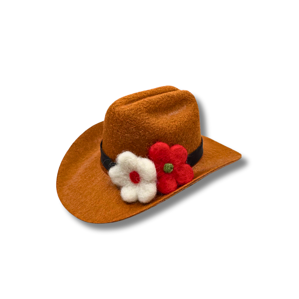 dog brown felt cowboy hat with two wool felt flowers in red and white