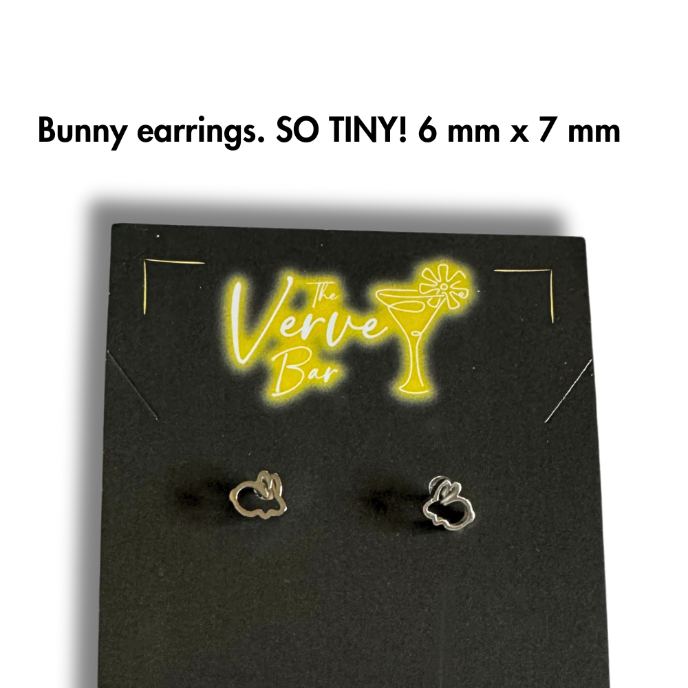 close up of teeny tiny bunny earrings -silver