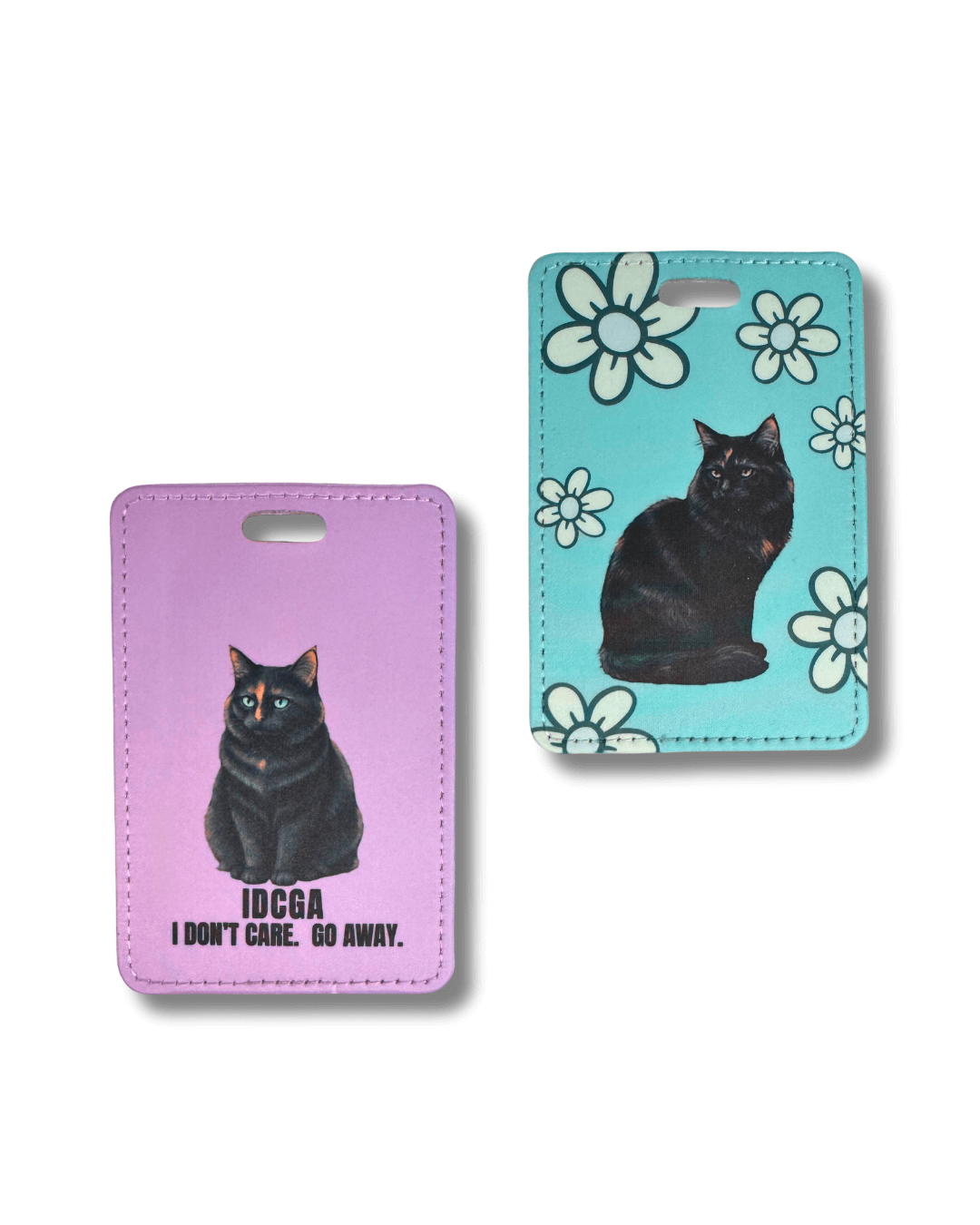 two styles of tortie cat luggage tags, left one is lavender background with text and turquoise with white flowers.