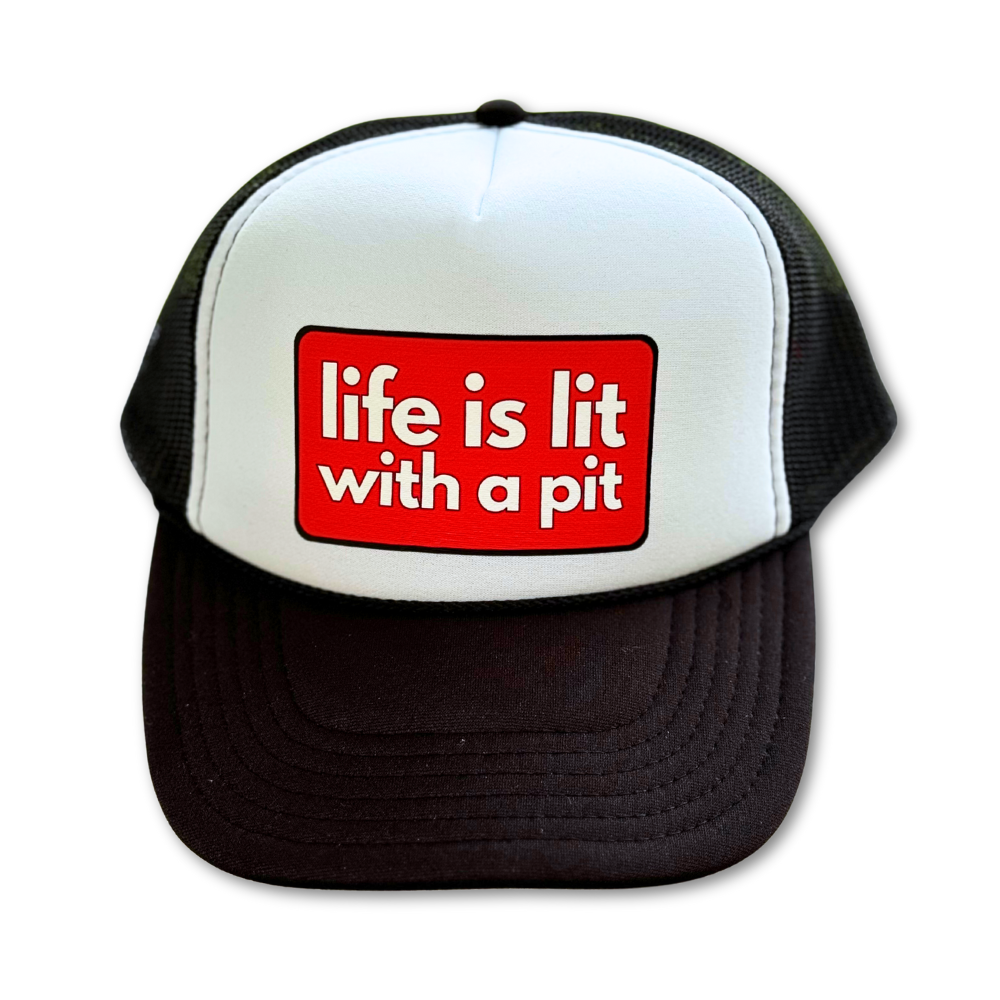 Black and white pitbull cap with a red logo and text 'life is lit with a pit' on a white background