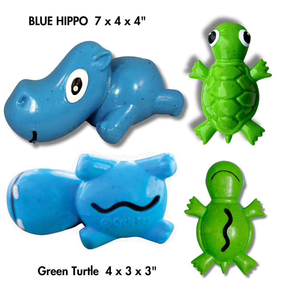 top and bottom views of blue hippo puzzle toy for dog and small green turtle puzzle toy for dogs