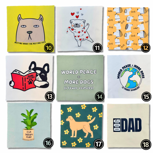 9 options of fun dog lover lens cloths. Each design is labeled with a corresponding number. 