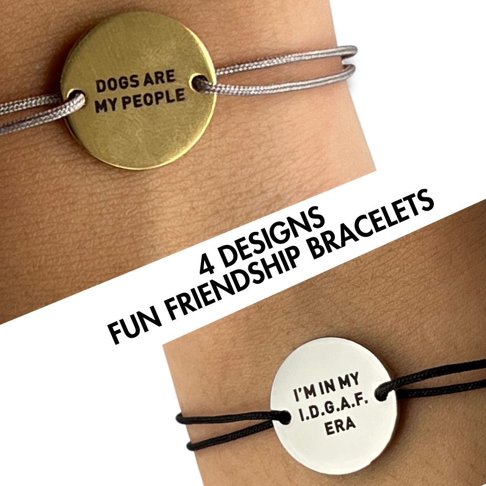 simple modern friendship bracelets waxed cotton with cute message on metal coin - 2 designs shown