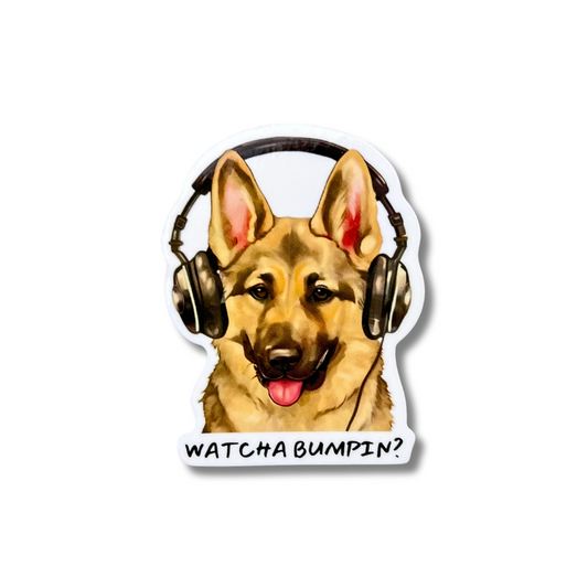 German Shepherd Dog Sticker - cartoon dog with headphones on "watcha bumpin?"