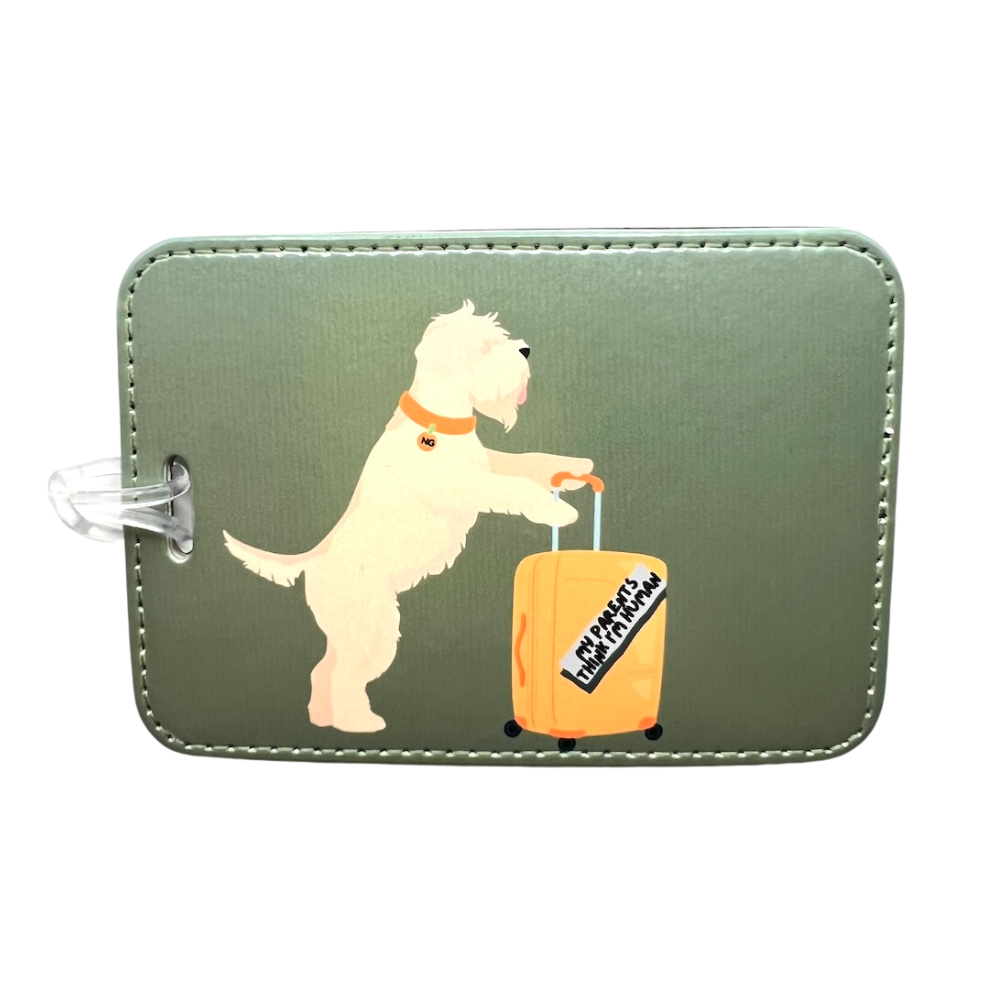 WHEATEN TERRIER DOG PUSHING A SUITCASE WITH BUMPER STICKER ON IT "MY PARENTS THINK I'M HUMAN" LUGGAGE TAG