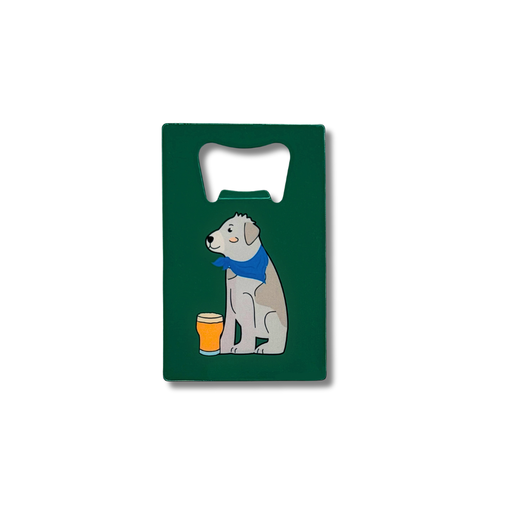 Cute Irish Wolfhound bottle opener. Green background, gray dog wearing a blue bandana. The pup has a pint of beer in front of him.