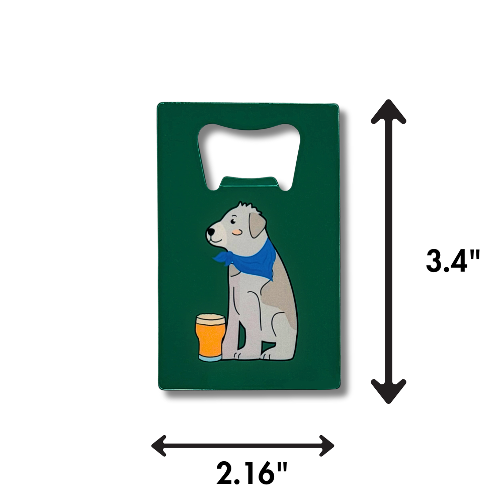 Dimensions shown for Irish Wolfhound green credit card sized bottle opener. 