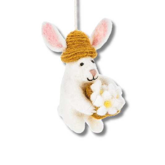 Woodland White Bunny Ornament | Rabbit Holding Daisies