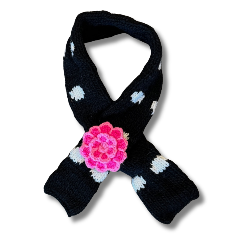 wool scarf for dog; black and white with pink flower