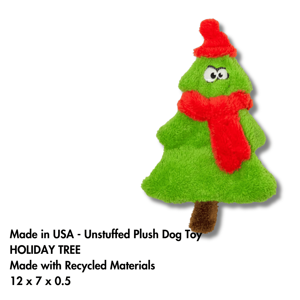 plush dog christmas tree with info about the toy on the bottom of the page