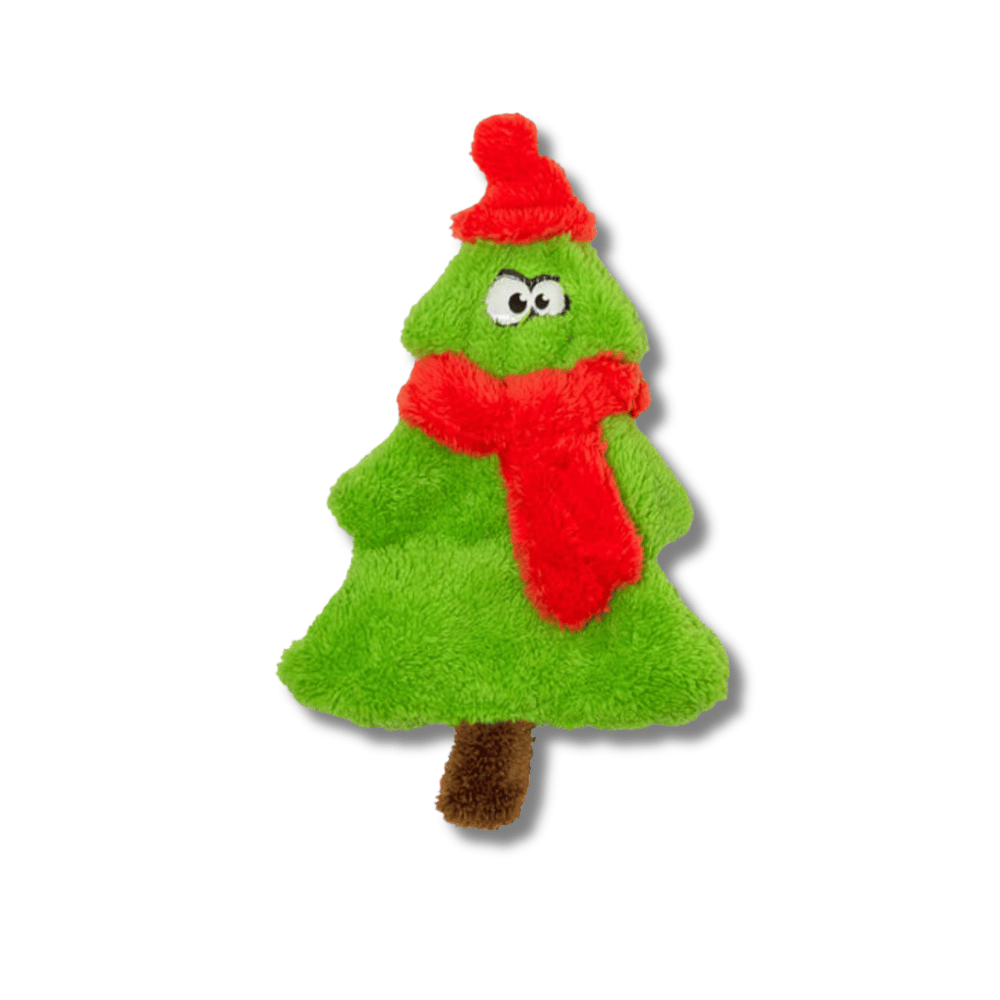 plush unstuffed dog toy: green christmas tree with red had and red scarf. Funny eyes.