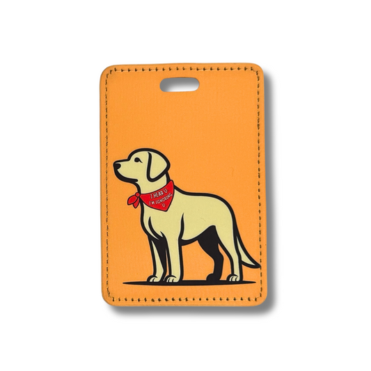 Yellow Lab Luggage Tag that has a yellow minimalist drawing of a lab wearing a funny red bandana. The Labrador Suitcase Tag background is orange. 