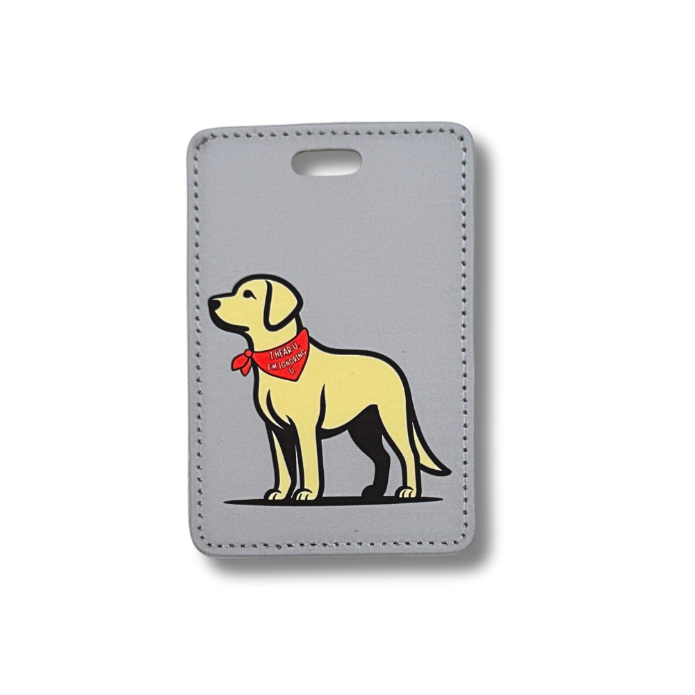 Yellow Lab Luggage Tag that has a yellow minimalist drawing of a lab wearing a funny red bandana. The Labrador Suitcase Tag background is gray.