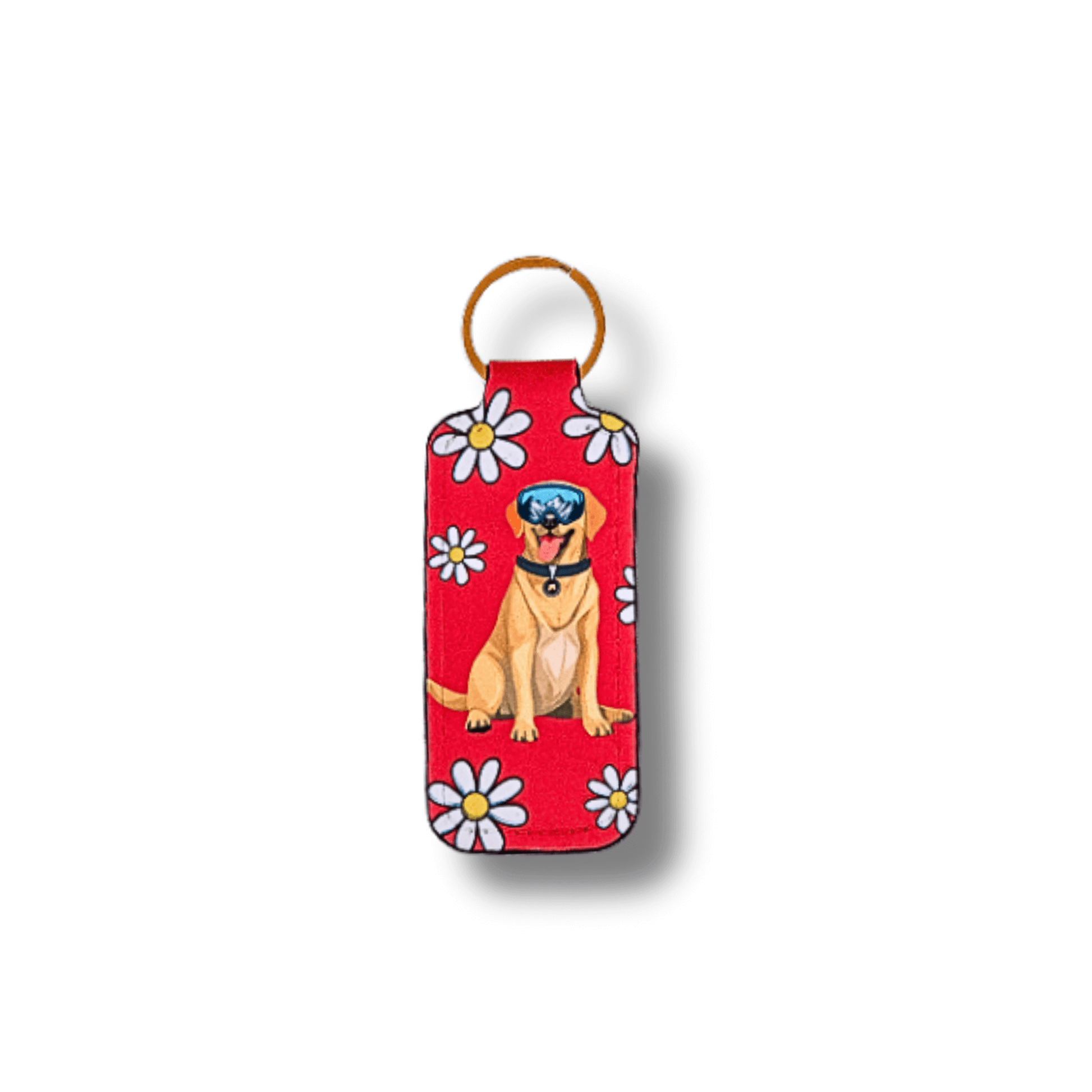 golden retriever lip balm keychain with a red background with white flowers