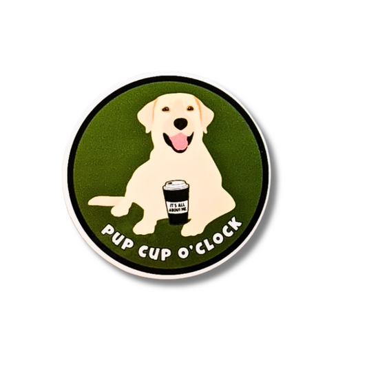 Olive green circle stiicker: Yellow Lab Dog with a  Pup Cup: Pup Cup O'clock