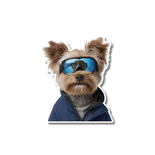 Yorkie ski sticker; yorkshire terrier wearing blue ski goggles and winter jacket on white background, easy peel kiss-cut vinyl.